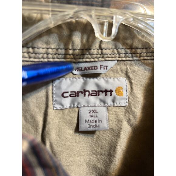 Carhartt Shirt Men XXLT Blue Brown Plaid Outdoor Relaxed Fit Y2K Button Workwear - Picture 3 of 11